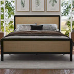 Cama con plataforma, Cama de caña bohemia, Cabecero y pie de cama de ratán natural