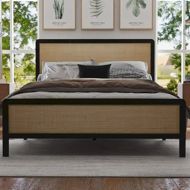 Cama con plataforma, Cama de caña bohemia, Cabecero y pie de cama de ratán natural