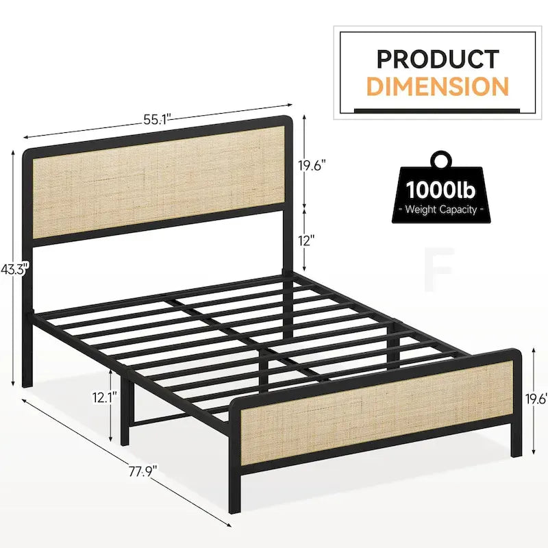 Cama con plataforma, Cama de caña bohemia, Cabecero y pie de cama de ratán natural