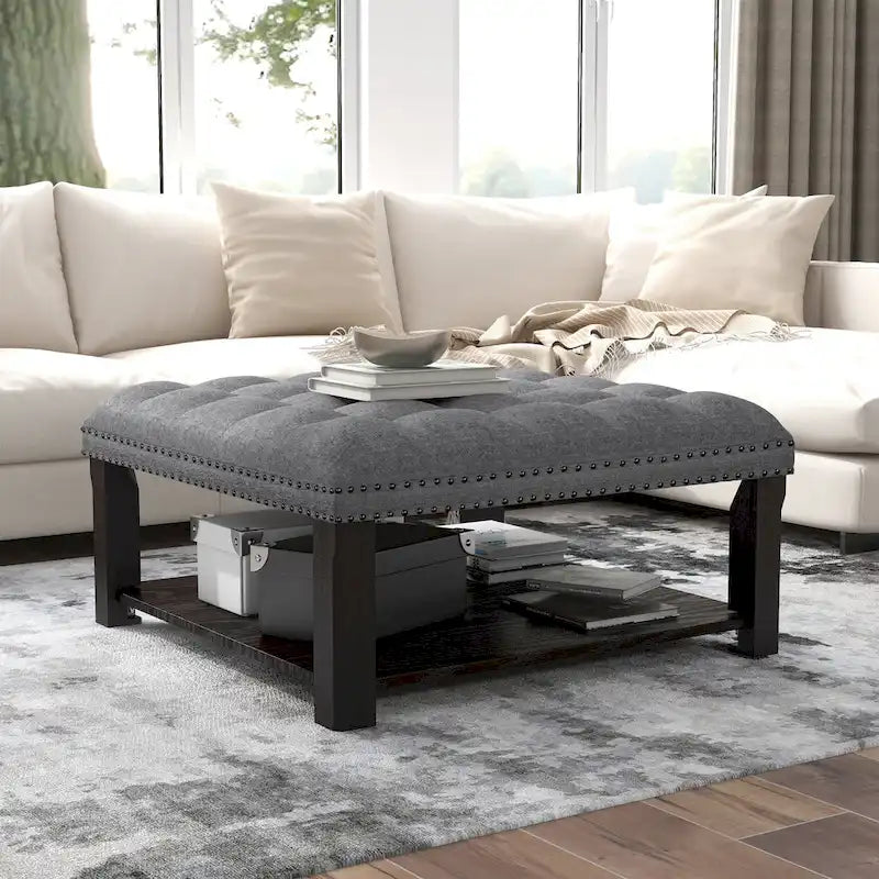 Transitional Linen Tufted Nailheads Cocktail Ottoman with Storage by 
