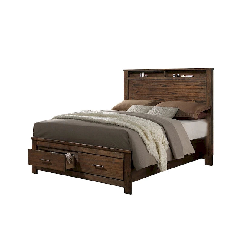 Cama de madera con expositor y cajones de almacenaje en acabado roble