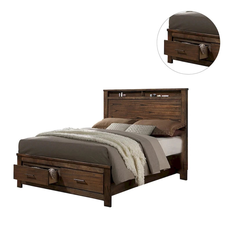 Cama de madera con expositor y cajones de almacenaje en acabado roble
