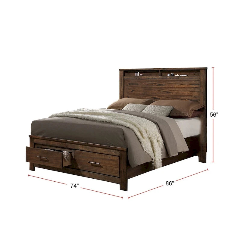 Cama de madera con expositor y cajones de almacenaje en acabado roble