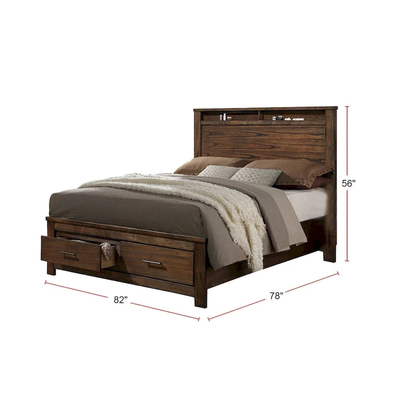 Cama de madera con expositor y cajones de almacenaje en acabado roble