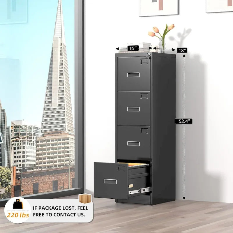 Archivador vertical de metal con cerradura de 18 pulgadas de profundidad, 4 cajones, con 4 marcos colgantes ajustables para oficina en casa