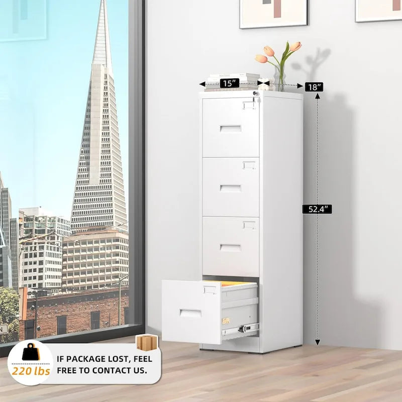 Archivador vertical de metal con cerradura de 18 pulgadas de profundidad, 4 cajones, con 4 marcos colgantes ajustables para oficina en casa