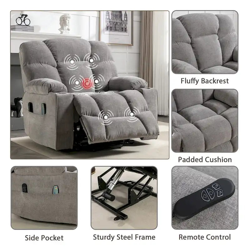 Sillón reclinable eléctrico Power Lift con masaje y calor para adultos mayores con 2 portavasos