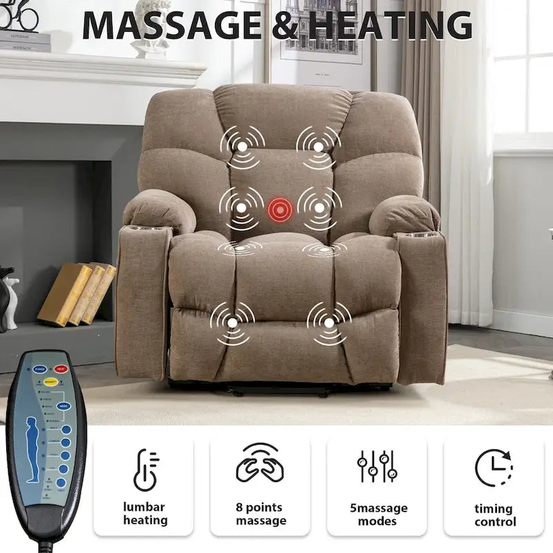Sillón reclinable eléctrico Power Lift con masaje y calor para adultos mayores con 2 portavasos