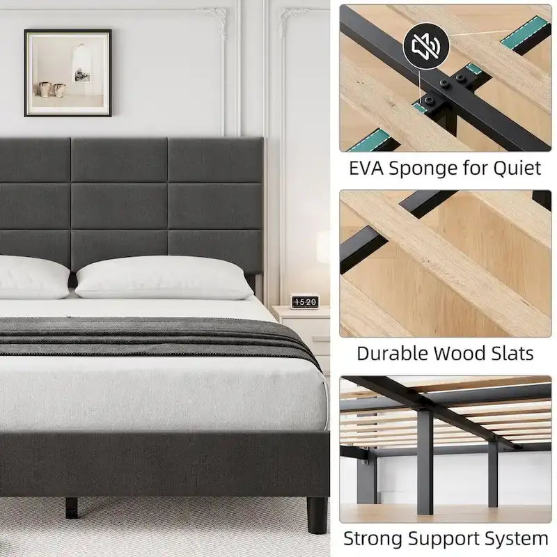 Estructuras de cama individual tapizadas en lino con soporte de listones de madera maciza