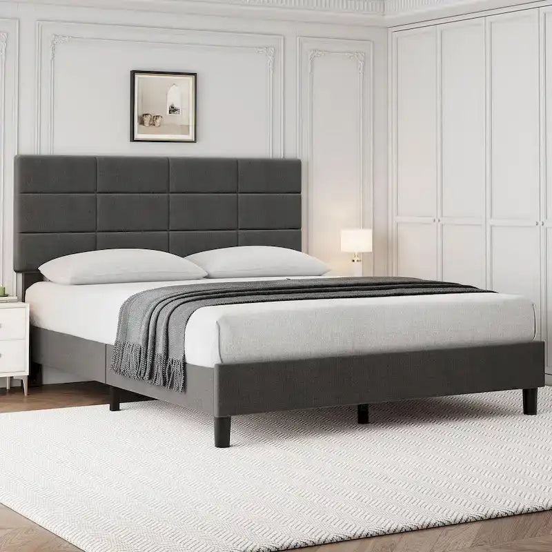 Estructuras de cama individual tapizadas en lino con soporte de listones de madera maciza