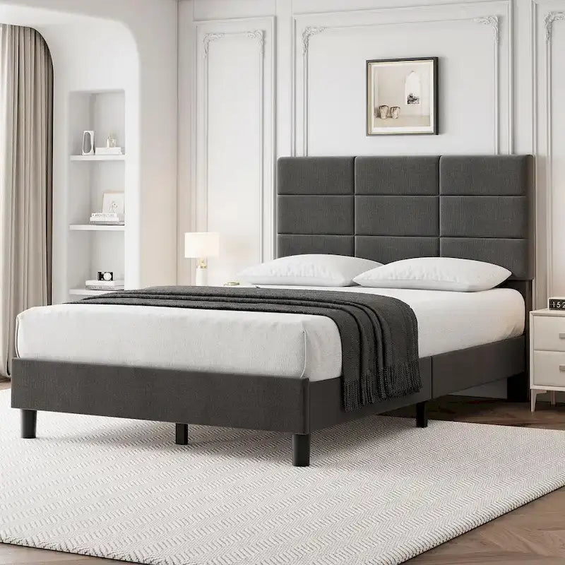 Estructuras de cama individual tapizadas en lino con soporte de listones de madera maciza