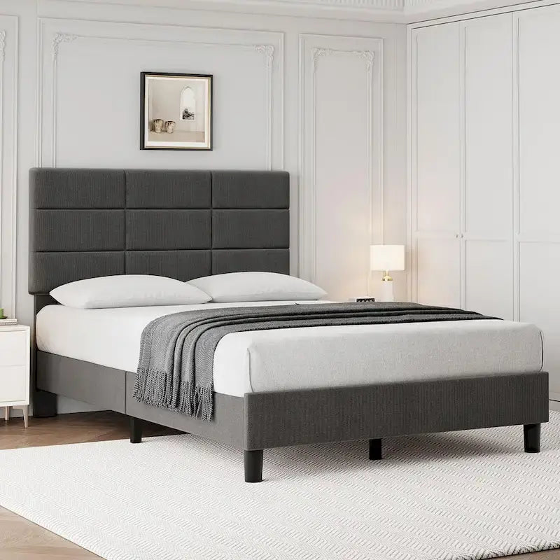 Estructuras de cama individual tapizadas en lino con soporte de listones de madera maciza