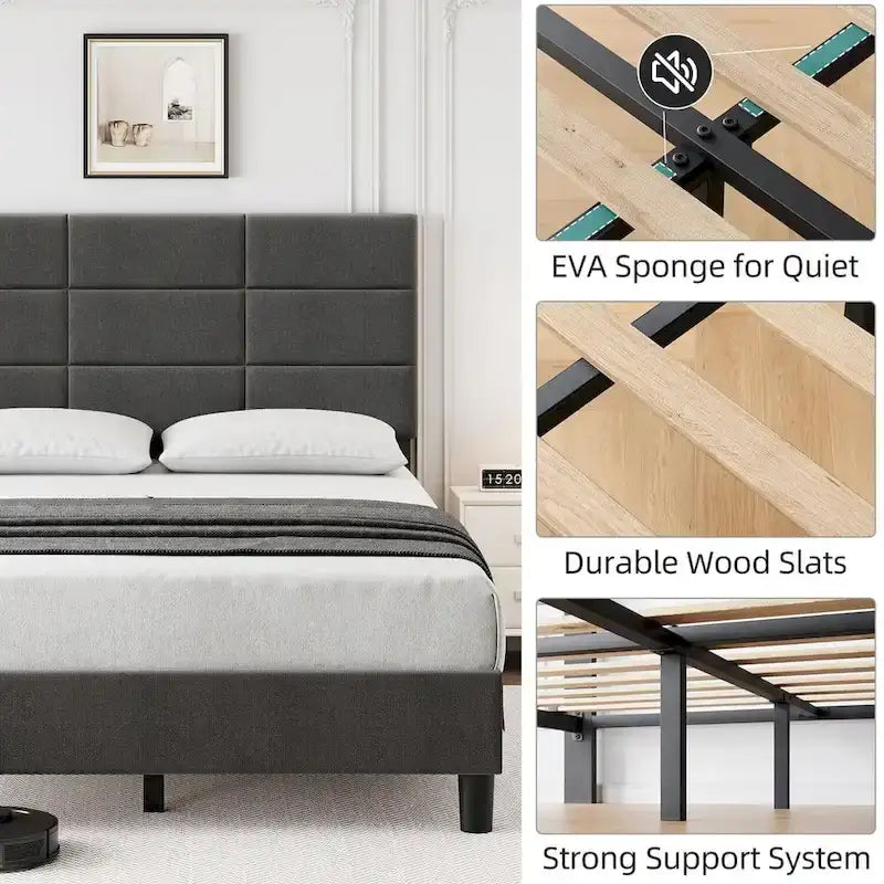 Estructuras de cama individual tapizadas en lino con soporte de listones de madera maciza