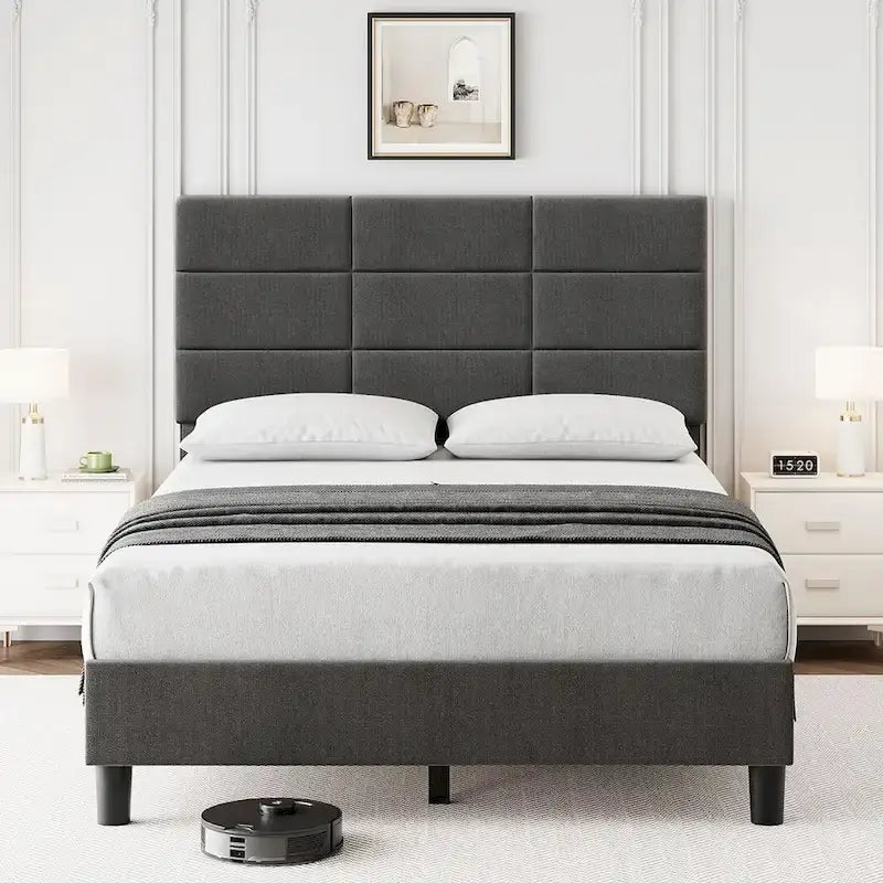 Estructuras de cama individual tapizadas en lino con soporte de listones de madera maciza