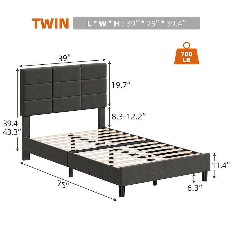 Estructuras de cama individual tapizadas en lino con soporte de listones de madera maciza
