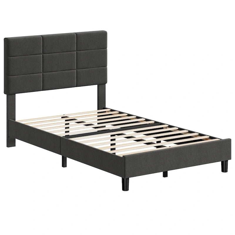 Estructuras de cama individual tapizadas en lino con soporte de listones de madera maciza