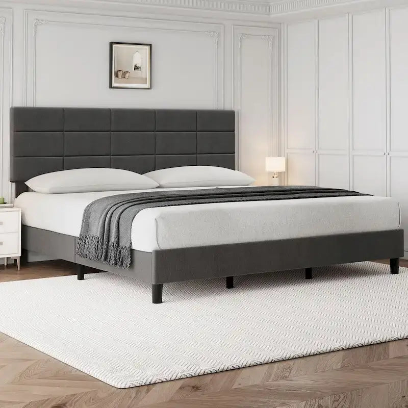 Estructuras de cama individual tapizadas en lino con soporte de listones de madera maciza