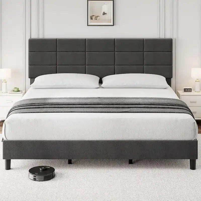 Estructuras de cama individual tapizadas en lino con soporte de listones de madera maciza