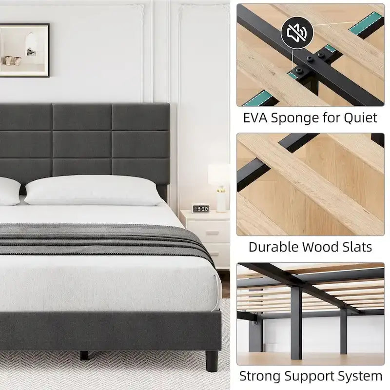 Estructuras de cama individual tapizadas en lino con soporte de listones de madera maciza