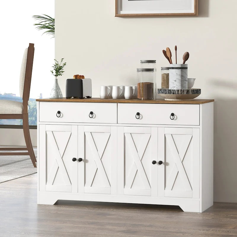  Sideboard, Buffet Cabinet with 2 Drawers, 2Storage Cabinets, 4 Barn-Style Doors and Adjustable Shelves, White