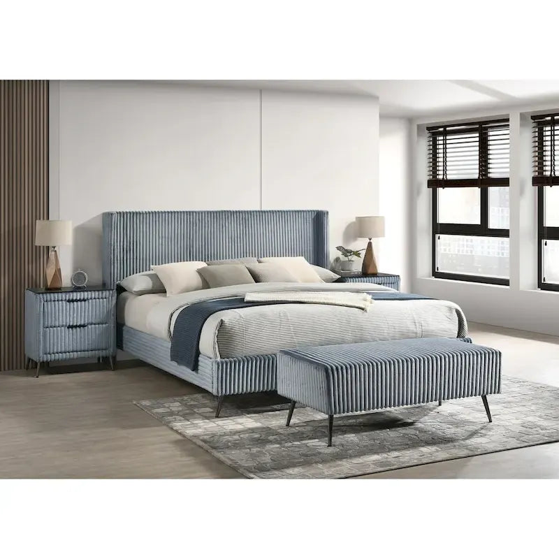  Mavela Wide Wale Corduroy Upholstery Panel Bed with 2 Nightstands and Bench, Blue