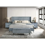 Cama tapizada con paneles de pana ancha Mavela con 2 mesitas de noche y banco, azul