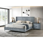 Cama tapizada con paneles de pana ancha Mavela con 2 mesitas de noche y banco, azul