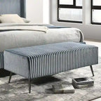 Cama tapizada con paneles de pana ancha Mavela con 2 mesitas de noche y banco, azul