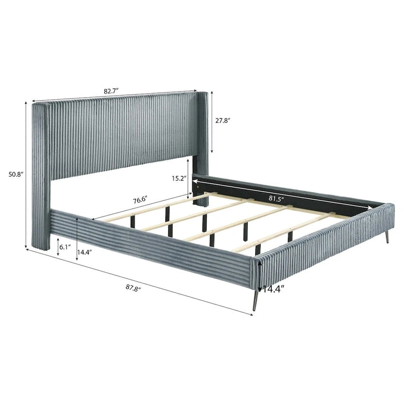 Cama tapizada con paneles de pana ancha Mavela con 2 mesitas de noche y banco, azul