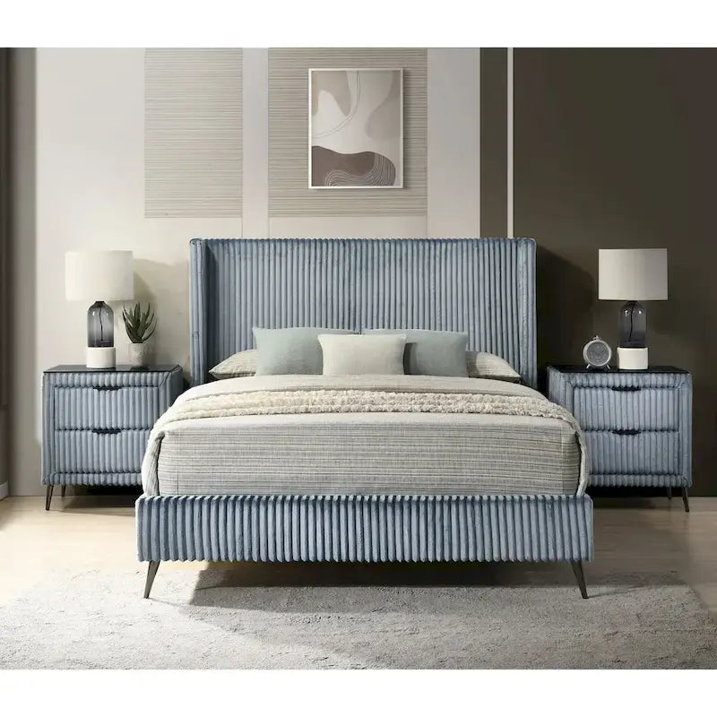 Cama tapizada con paneles de pana ancha Mavela con 2 mesitas de noche y banco, azul