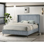 Cama tapizada con paneles de pana ancha Mavela con 2 mesitas de noche y banco, azul