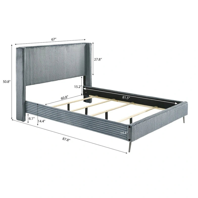 Cama tapizada con paneles de pana ancha Mavela con 2 mesitas de noche y banco, azul