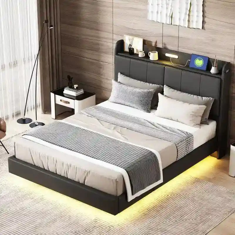 Base de cama Queen con almacenamiento, luz con sensor táctil y puerto USB