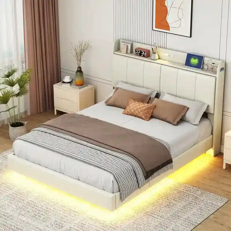 Base de cama Queen con almacenamiento, luz con sensor táctil y puerto USB