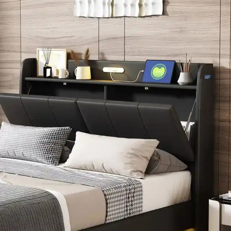 Base de cama Queen con almacenamiento, luz con sensor táctil y puerto USB