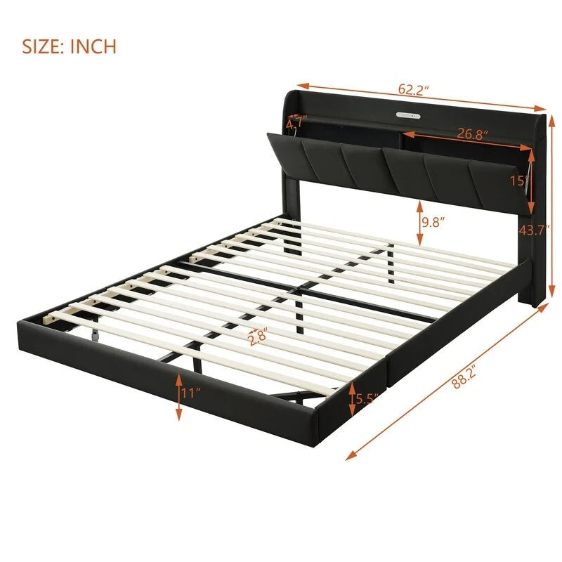 Base de cama Queen con almacenamiento, luz con sensor táctil y puerto USB