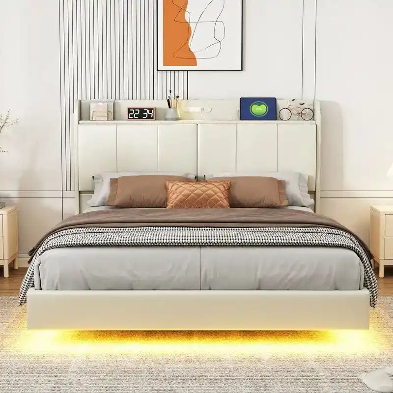Base de cama Queen con almacenamiento, luz con sensor táctil y puerto USB