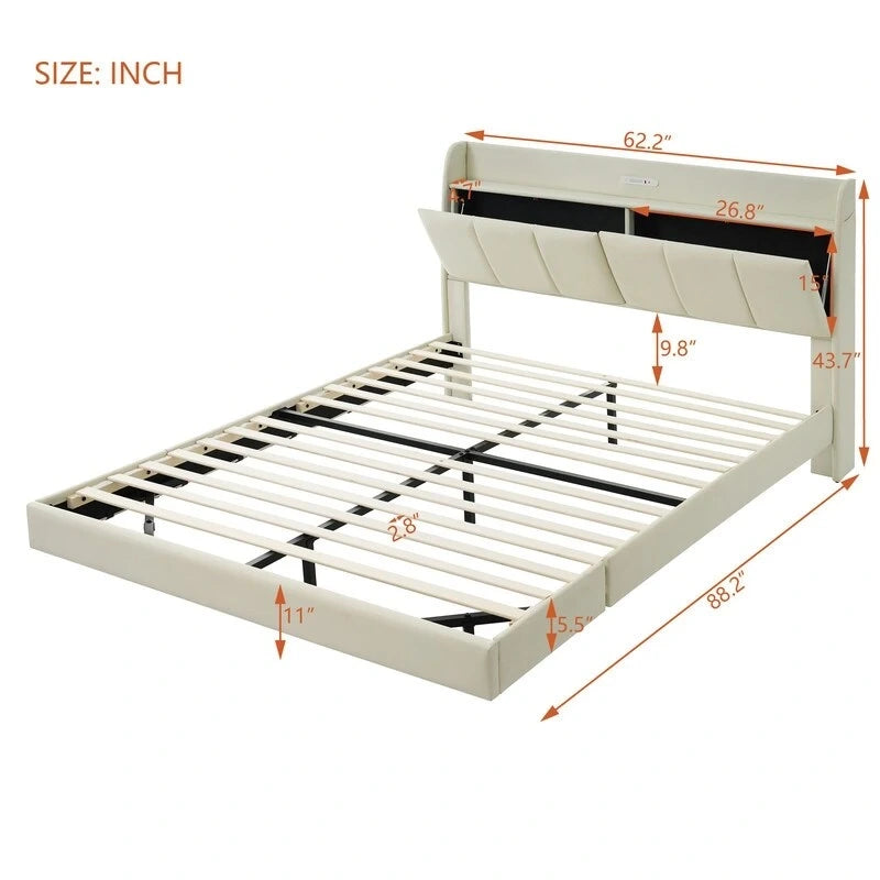 Base de cama Queen con almacenamiento, luz con sensor táctil y puerto USB