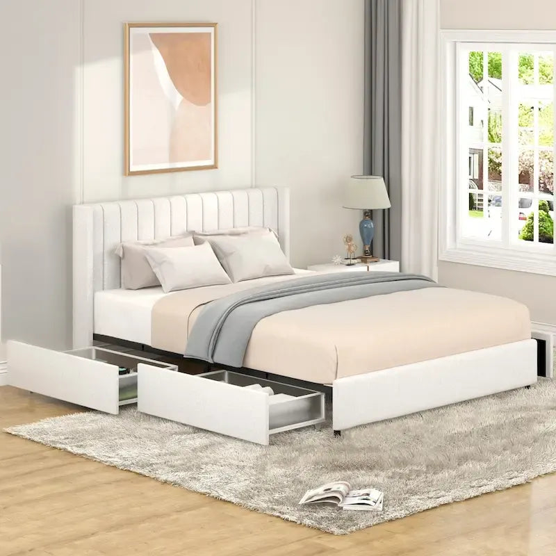 Cama de plataforma tamaño queen tapizada en bouclé Lilium Ivory con cajones de