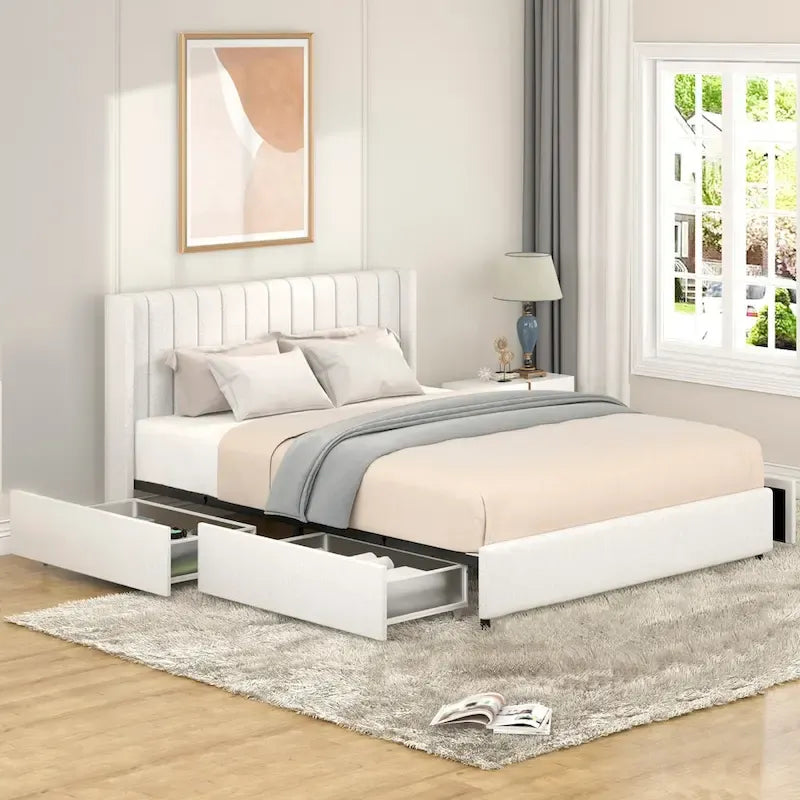 Lilium Ivory Boucle Upholstered Queen Platform Bed with Drawers by 