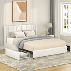 Cama de plataforma tamaño queen tapizada en bouclé Lilium Ivory con cajones de