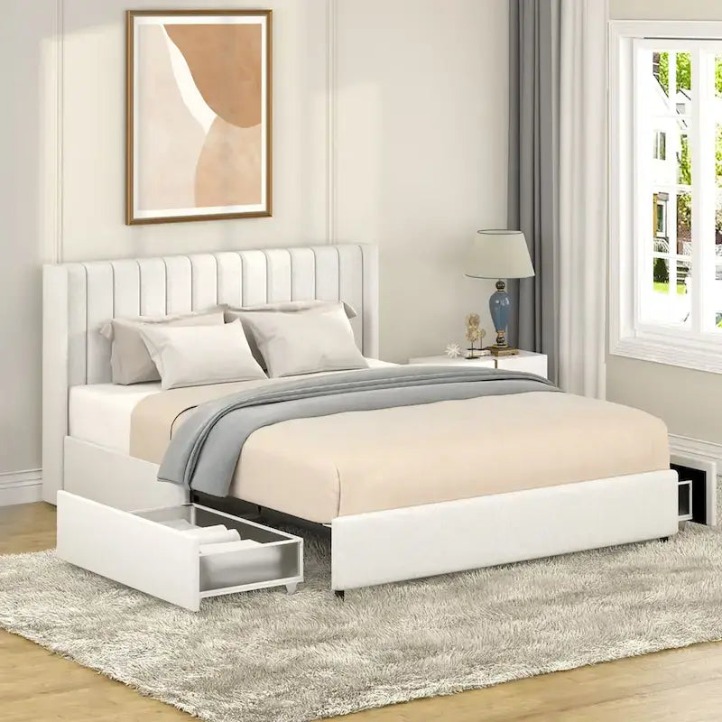 Cama de plataforma tamaño queen tapizada en bouclé Lilium Ivory con cajones de
