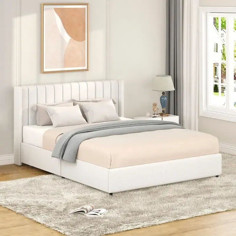 Cama de plataforma tamaño queen tapizada en bouclé Lilium Ivory con cajones de