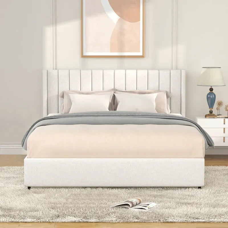 Cama de plataforma tamaño queen tapizada en bouclé Lilium Ivory con cajones de