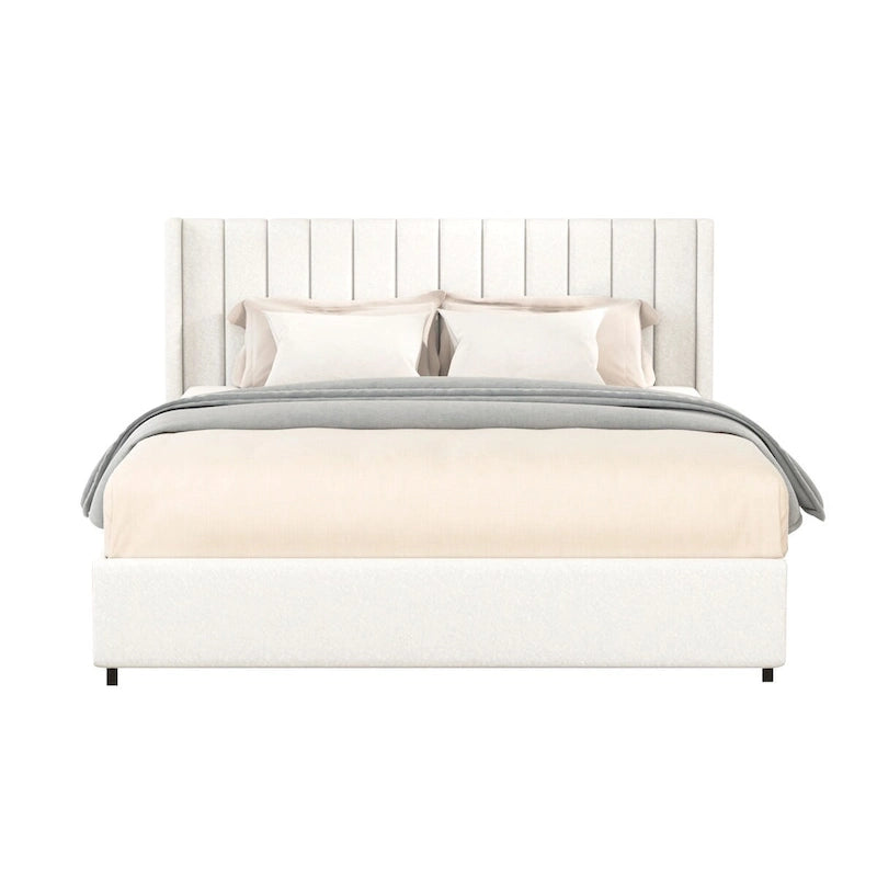 Cama de plataforma tamaño queen tapizada en bouclé Lilium Ivory con cajones de