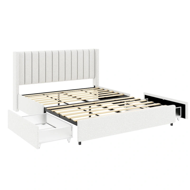 Cama de plataforma tamaño queen tapizada en bouclé Lilium Ivory con cajones de