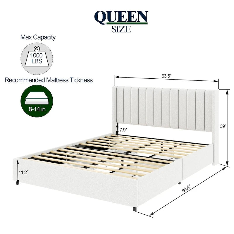 Cama de plataforma tamaño queen tapizada en bouclé Lilium Ivory con cajones de