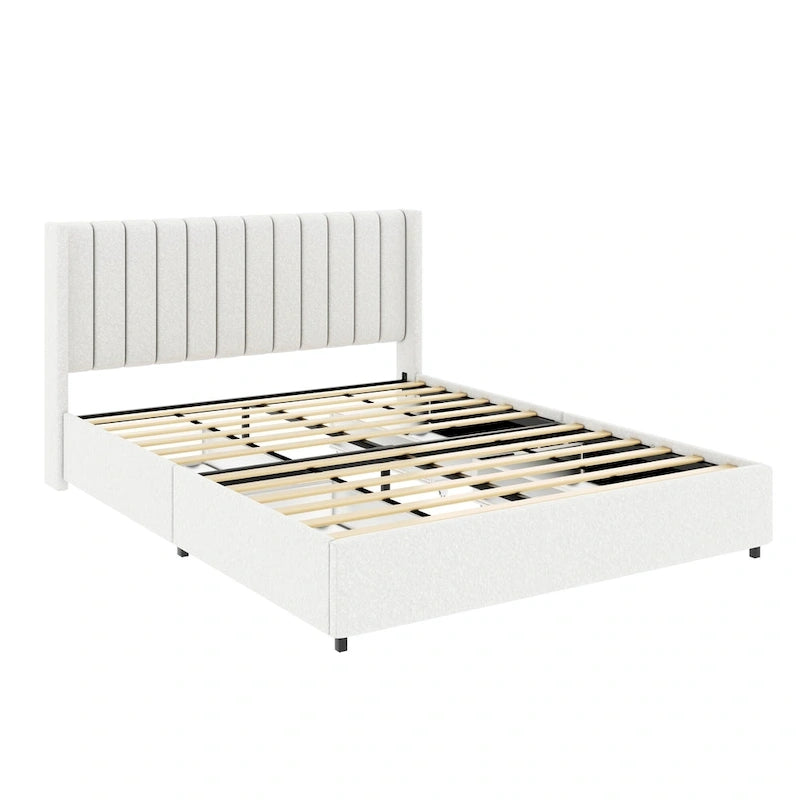Cama de plataforma tamaño queen tapizada en bouclé Lilium Ivory con cajones de