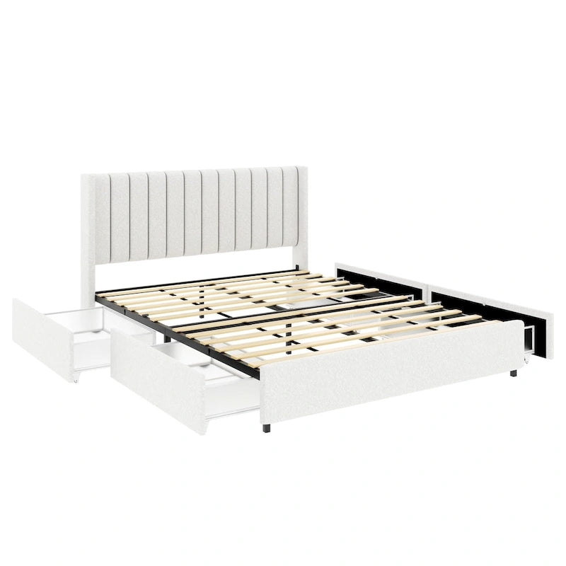 Cama de plataforma tamaño queen tapizada en bouclé Lilium Ivory con cajones de
