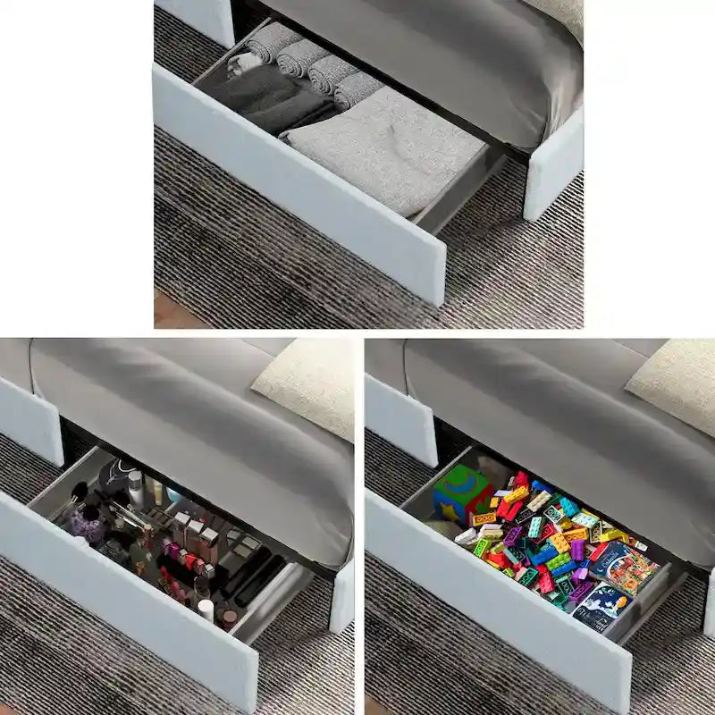 Cama de plataforma tamaño queen tapizada en bouclé Lilium Ivory con cajones de